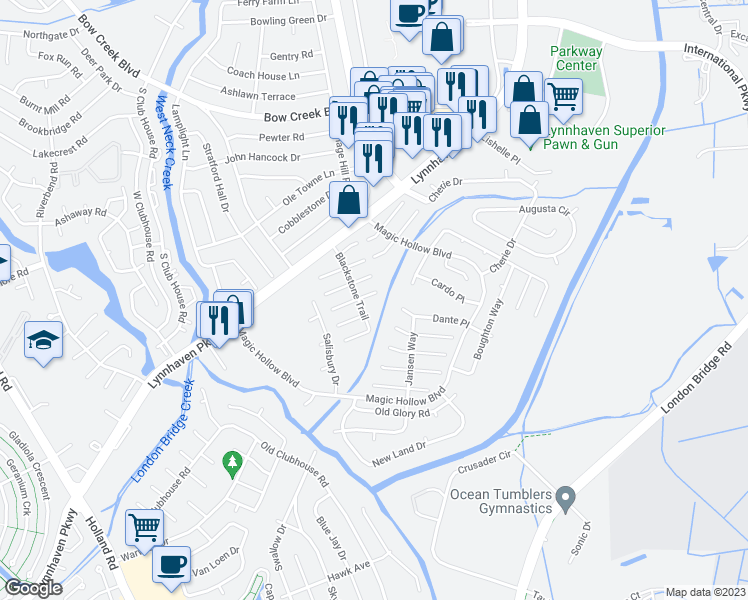 map of restaurants, bars, coffee shops, grocery stores, and more near 2948 Dante Place in Virginia Beach