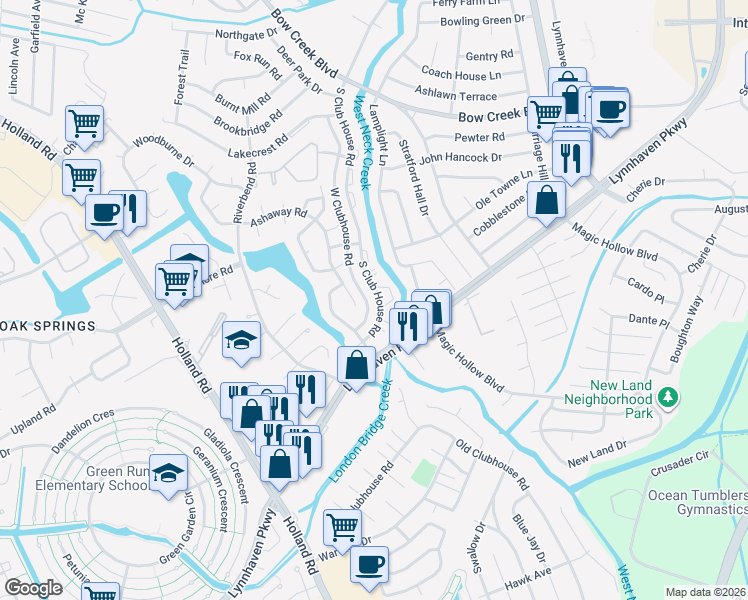 map of restaurants, bars, coffee shops, grocery stores, and more near 957 South Club House Road in Virginia Beach