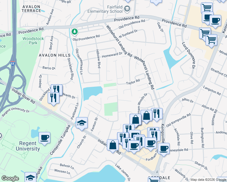 map of restaurants, bars, coffee shops, grocery stores, and more near 1075 Thompkins Lane in Virginia Beach