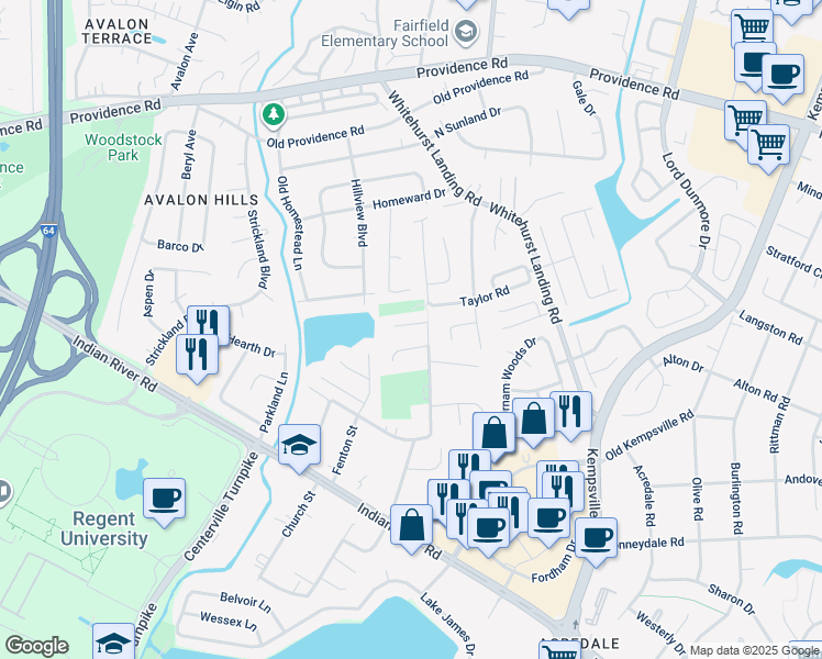 map of restaurants, bars, coffee shops, grocery stores, and more near 1075 Thompkins Lane in Virginia Beach