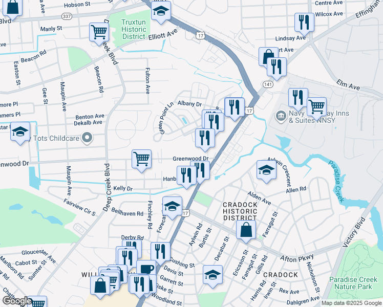 map of restaurants, bars, coffee shops, grocery stores, and more near 2100 Greenwood Drive in Portsmouth