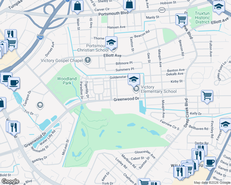map of restaurants, bars, coffee shops, grocery stores, and more near 230 Foxglove Drive in Portsmouth