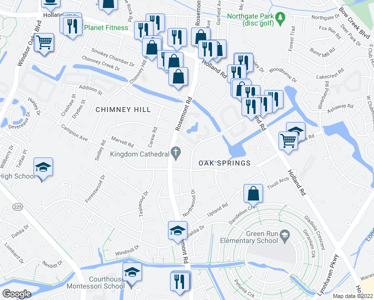 map of restaurants, bars, coffee shops, grocery stores, and more near 3805 Meadowbridge Lane in Virginia Beach