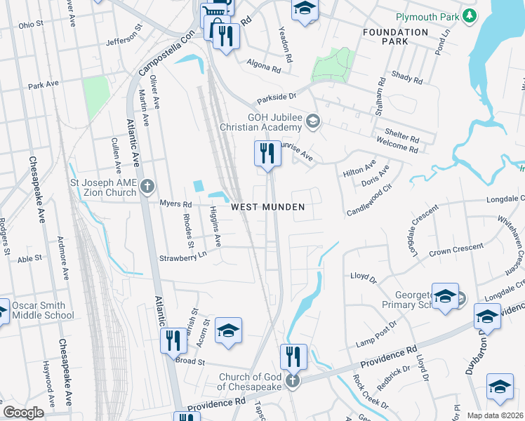 map of restaurants, bars, coffee shops, grocery stores, and more near 2611 Abingdon Street in Chesapeake