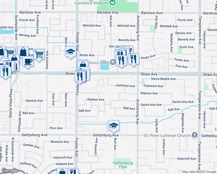 map of restaurants, bars, coffee shops, grocery stores, and more near 2004 Fairmont Avenue in Clovis