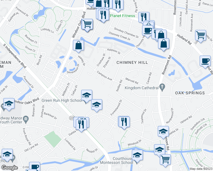 map of restaurants, bars, coffee shops, grocery stores, and more near 922 Campion Court in Virginia Beach