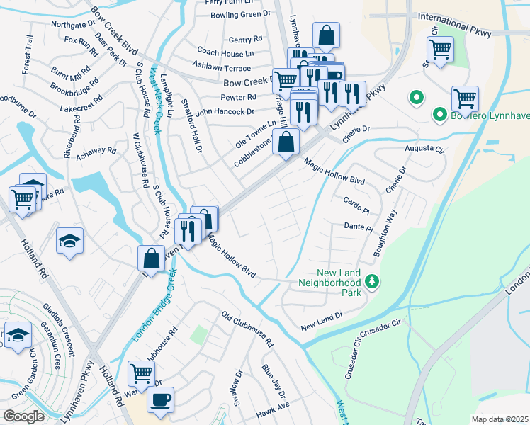 map of restaurants, bars, coffee shops, grocery stores, and more near 1044 Salisbury Drive in Virginia Beach