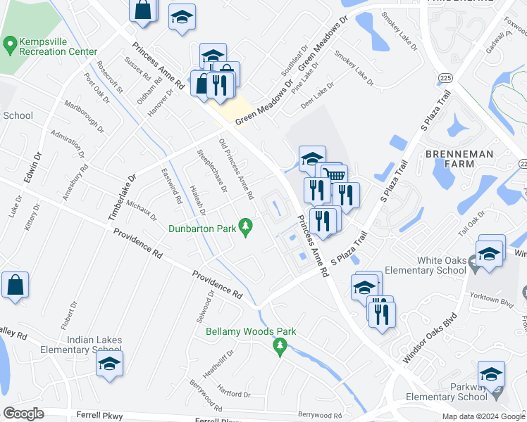 map of restaurants, bars, coffee shops, grocery stores, and more near 4581 Shallowford Circle in Virginia Beach