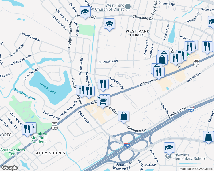 map of restaurants, bars, coffee shops, grocery stores, and more near 505 Delham Road in Portsmouth