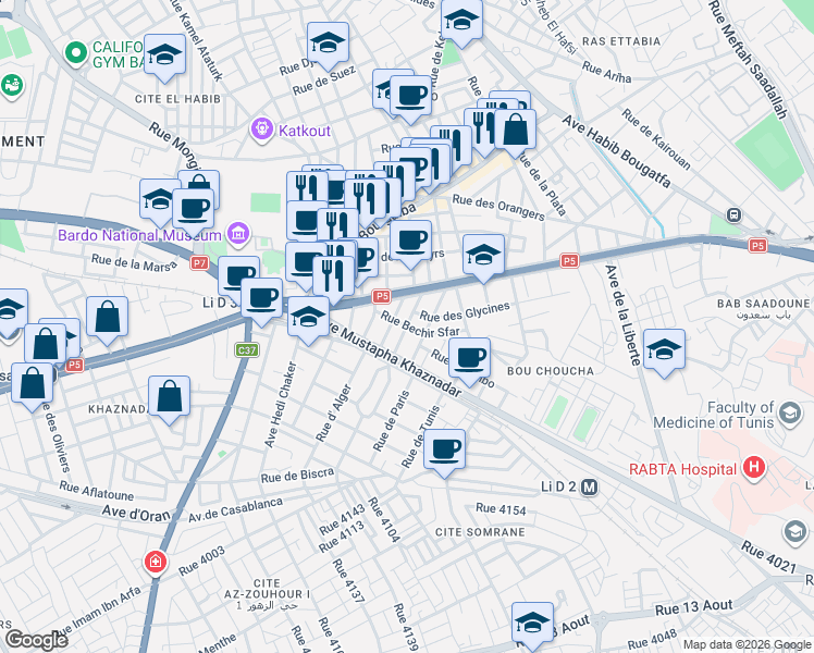 map of restaurants, bars, coffee shops, grocery stores, and more near Rue.Farhat Hached in Le Bardo