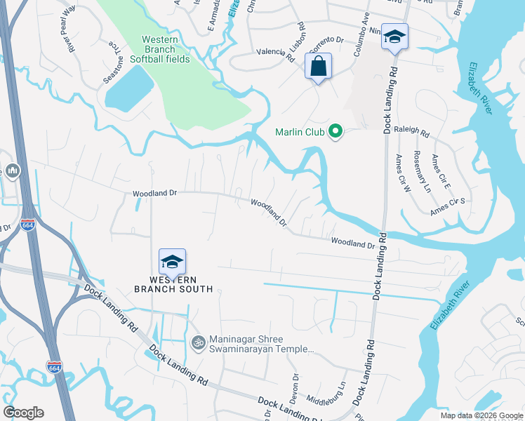 map of restaurants, bars, coffee shops, grocery stores, and more near 4107 Woodland Drive in Chesapeake