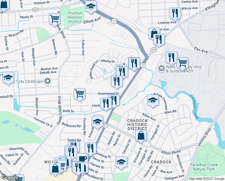 map of restaurants, bars, coffee shops, grocery stores, and more near 2100 Greenwood Dr in Portsmouth