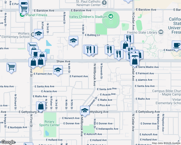 map of restaurants, bars, coffee shops, grocery stores, and more near 4919 North Millbrook Avenue in Fresno