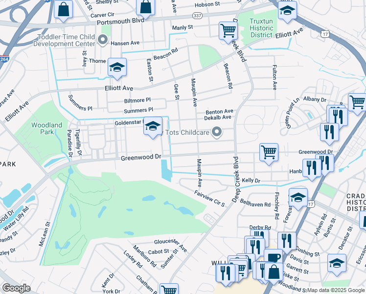 map of restaurants, bars, coffee shops, grocery stores, and more near 119 Appomattox Avenue in Portsmouth