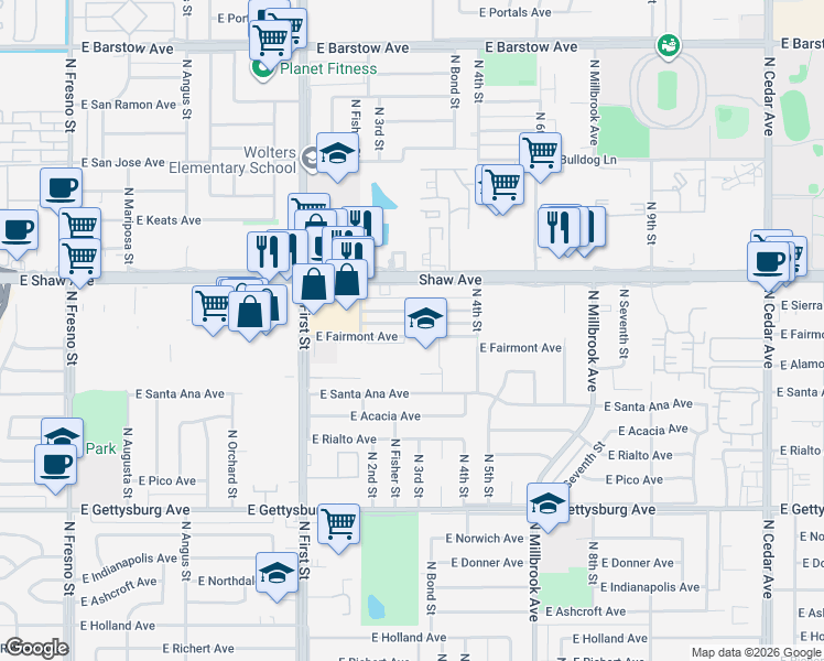 map of restaurants, bars, coffee shops, grocery stores, and more near 3345 East Fairmont Avenue in Fresno