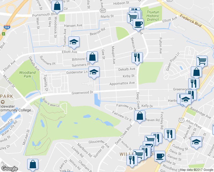 map of restaurants, bars, coffee shops, grocery stores, and more near 119 Appomattox Avenue in Portsmouth