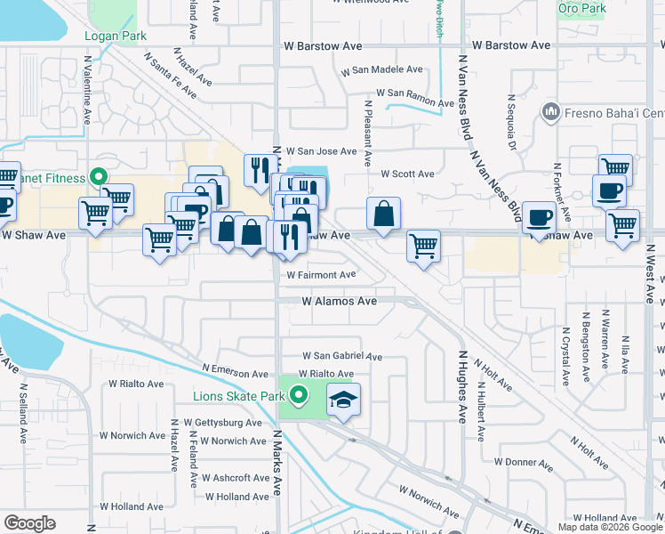 map of restaurants, bars, coffee shops, grocery stores, and more near 2602 West Fairmont Avenue in Fresno