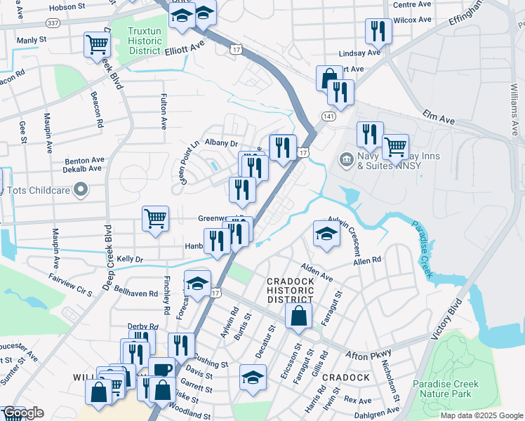 map of restaurants, bars, coffee shops, grocery stores, and more near George Washington Highway in Portsmouth