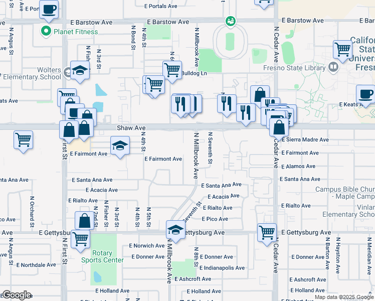 map of restaurants, bars, coffee shops, grocery stores, and more near 4919 North Millbrook Avenue in Fresno