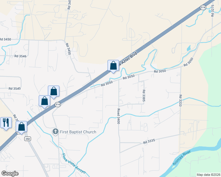 map of restaurants, bars, coffee shops, grocery stores, and more near 11 Road 3400 in Aztec