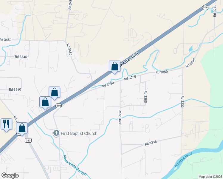 map of restaurants, bars, coffee shops, grocery stores, and more near 11 Road 3400 in Aztec