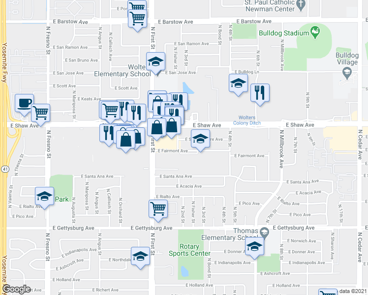 map of restaurants, bars, coffee shops, grocery stores, and more near 3313 East Fairmont Avenue in Fresno