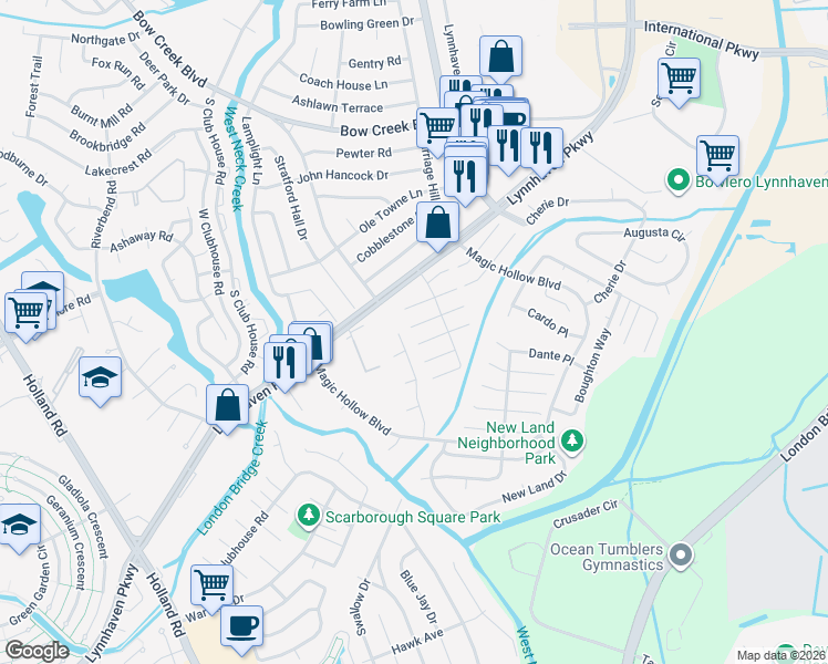 map of restaurants, bars, coffee shops, grocery stores, and more near 1044 Salisbury Drive in Virginia Beach