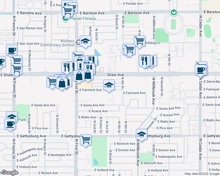 map of restaurants, bars, coffee shops, grocery stores, and more near 3357 East Fairmont Avenue in Fresno