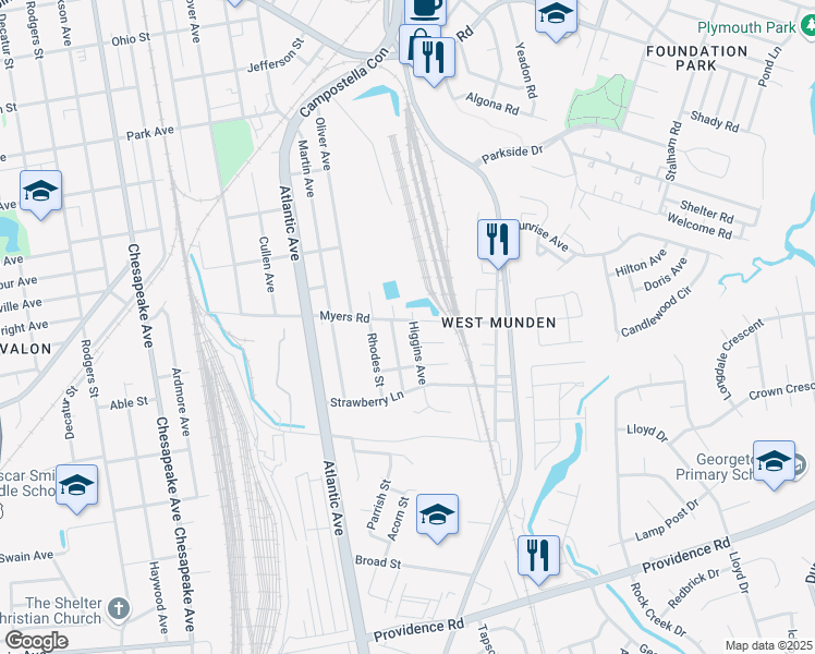 map of restaurants, bars, coffee shops, grocery stores, and more near 1600 Higgins Street in Chesapeake