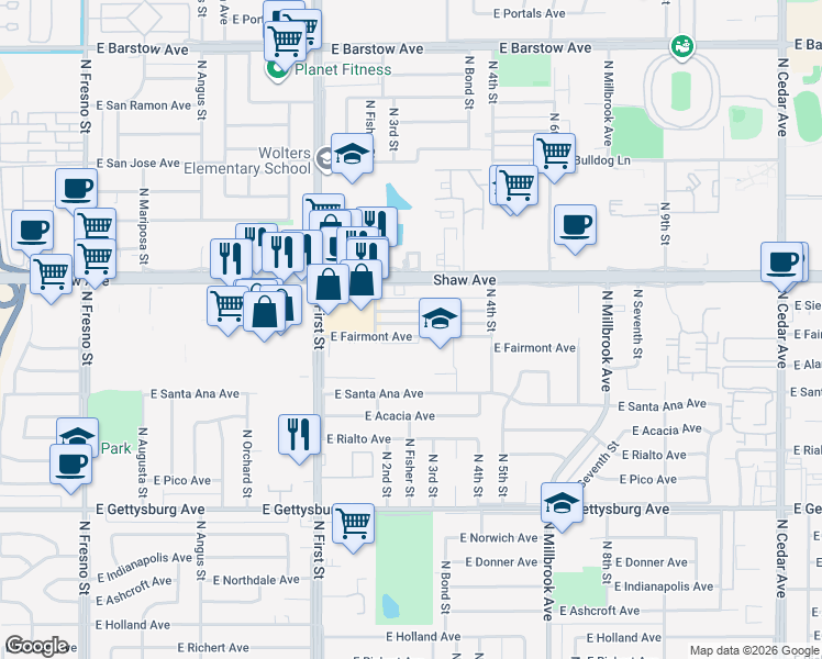 map of restaurants, bars, coffee shops, grocery stores, and more near 3327 East Fairmont Avenue in Fresno