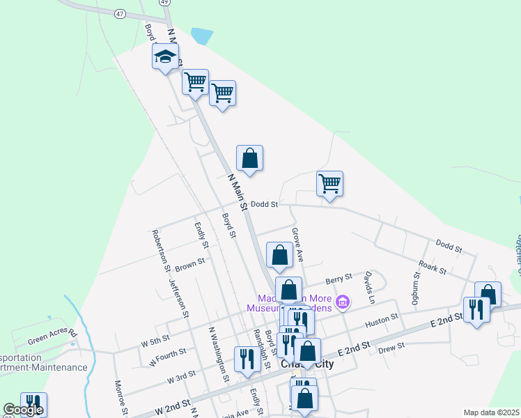 map of restaurants, bars, coffee shops, grocery stores, and more near 201-243 Dodd Street in Chase City
