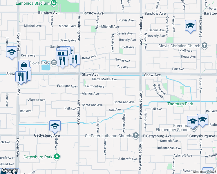 map of restaurants, bars, coffee shops, grocery stores, and more near 2053 Joshua Avenue in Clovis