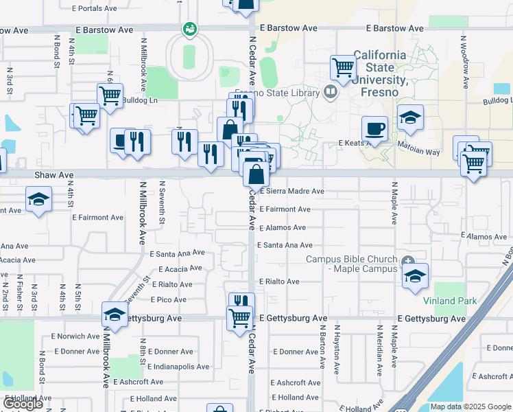 map of restaurants, bars, coffee shops, grocery stores, and more near 4904 North Cedar Avenue in Fresno