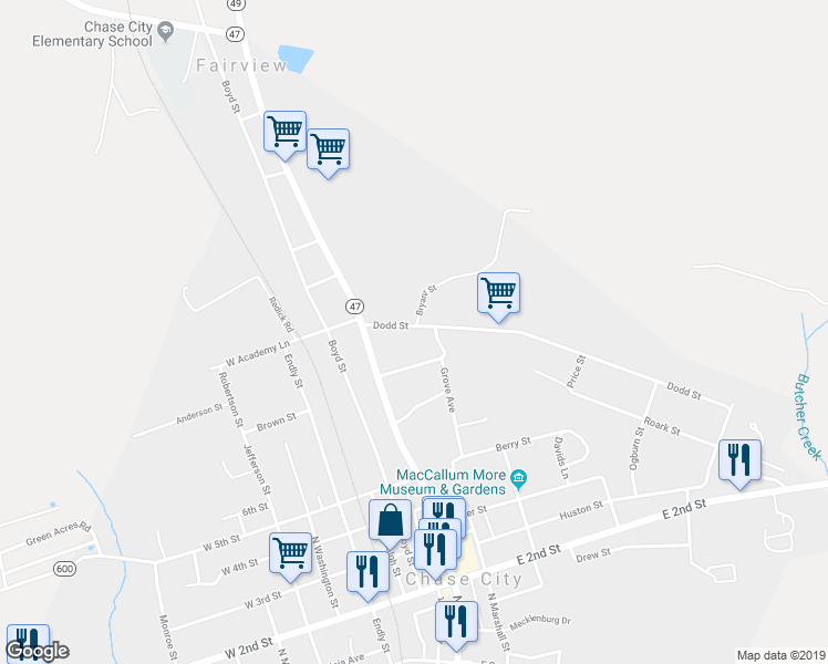 map of restaurants, bars, coffee shops, grocery stores, and more near 243 Dodd Street in Chase City