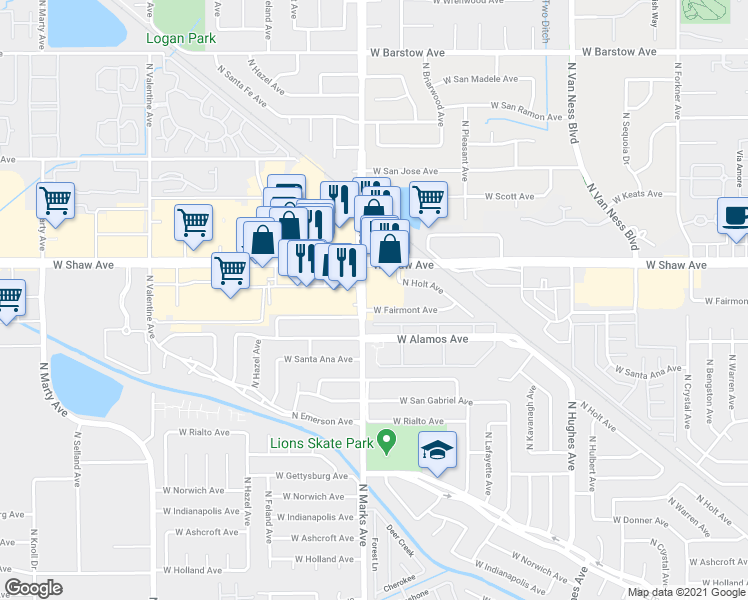 map of restaurants, bars, coffee shops, grocery stores, and more near 2767 West Shaw Avenue in Fresno
