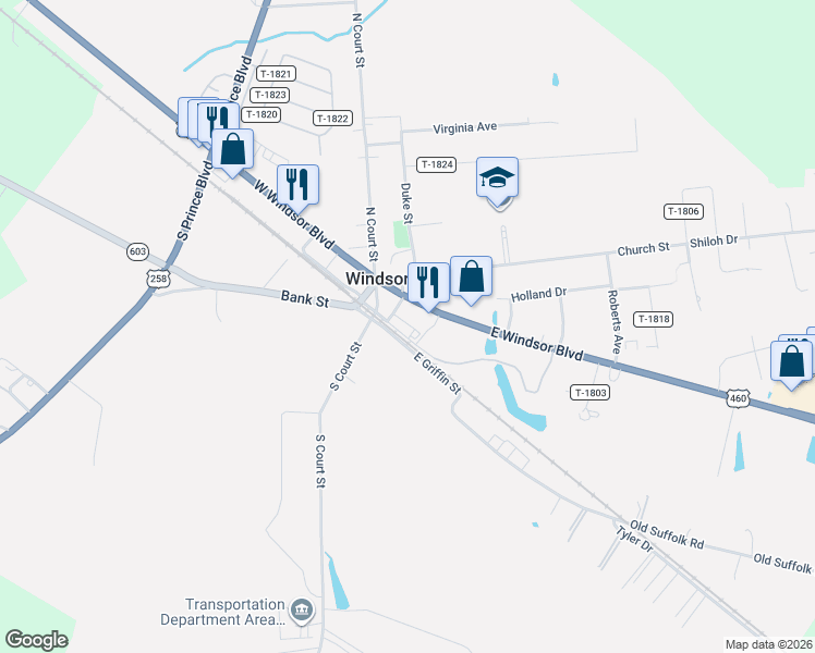 map of restaurants, bars, coffee shops, grocery stores, and more near 12B East North and West Street in Windsor