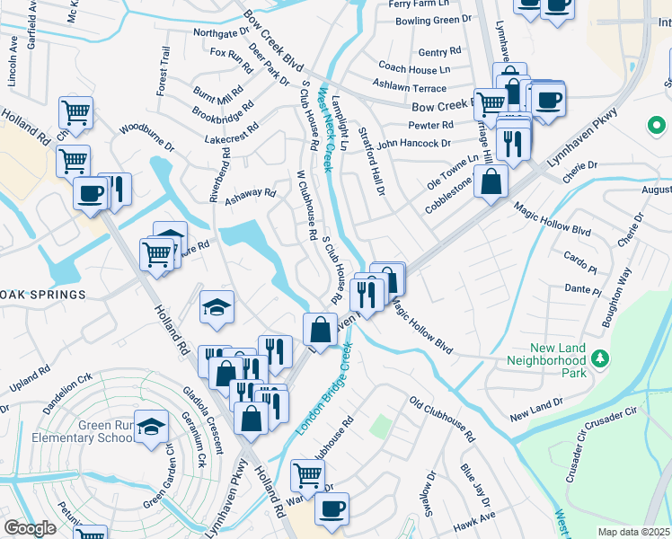 map of restaurants, bars, coffee shops, grocery stores, and more near 957 South Club House Road in Virginia Beach