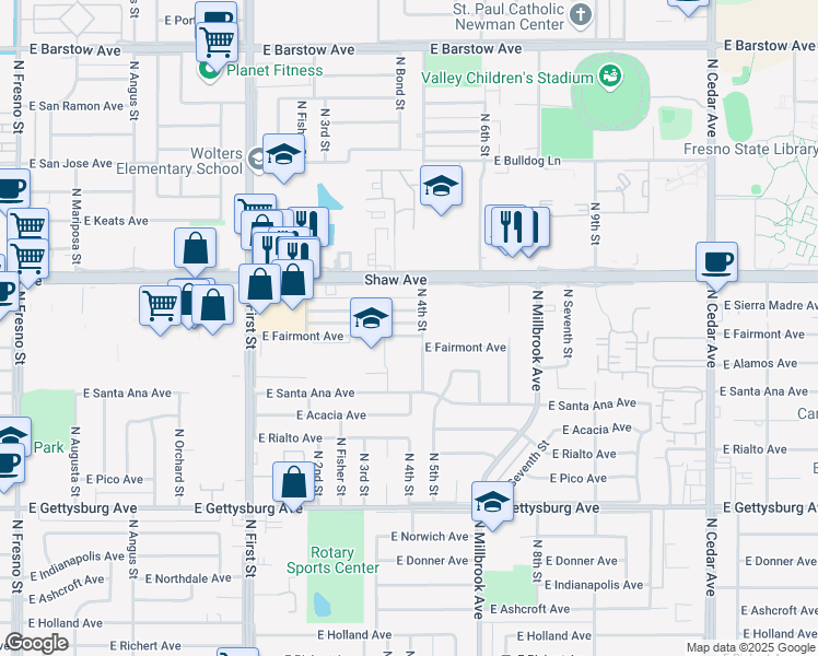 map of restaurants, bars, coffee shops, grocery stores, and more near 3391 East Fairmont Avenue in Fresno