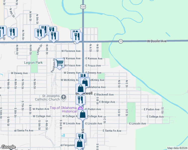 map of restaurants, bars, coffee shops, grocery stores, and more near 215 East Dewey Avenue in Blackwell