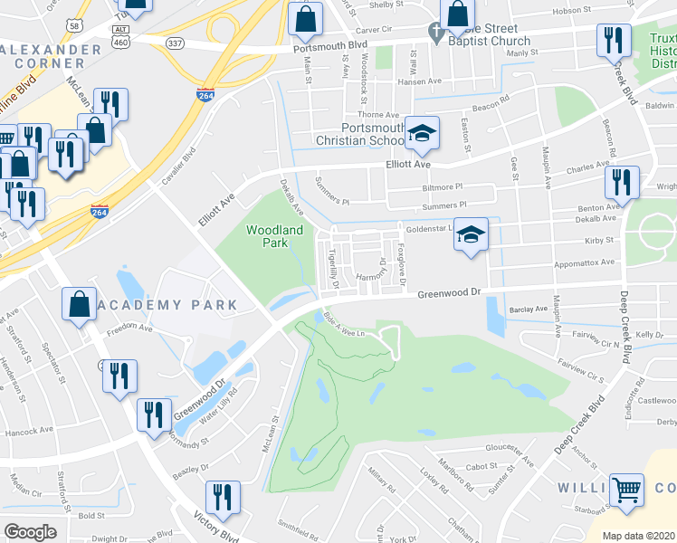 map of restaurants, bars, coffee shops, grocery stores, and more near 230 Tigerlilly Drive in Portsmouth