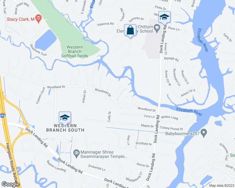 map of restaurants, bars, coffee shops, grocery stores, and more near 1809 Rollis Road in Chesapeake