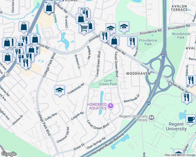 map of restaurants, bars, coffee shops, grocery stores, and more near 1060 Level Green Boulevard in Virginia Beach
