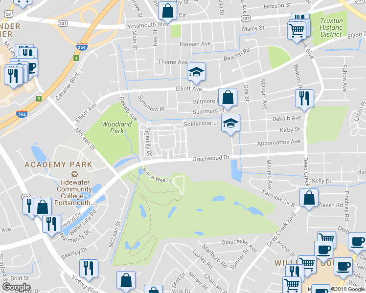 map of restaurants, bars, coffee shops, grocery stores, and more near 229 Foxglove Drive in Portsmouth