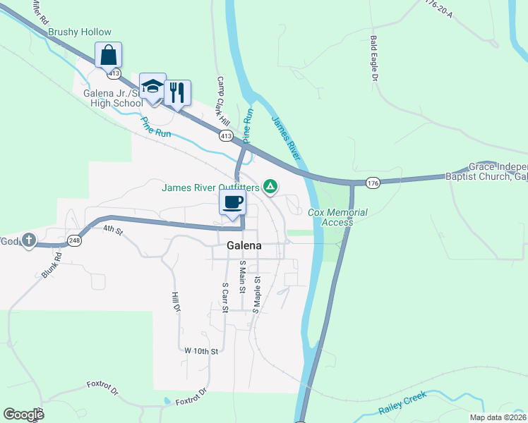 map of restaurants, bars, coffee shops, grocery stores, and more near 210 North Maple Street in Galena