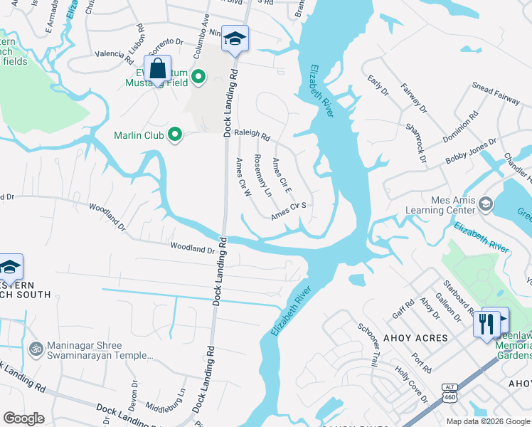 map of restaurants, bars, coffee shops, grocery stores, and more near 1876 Rosemary Lane in Chesapeake