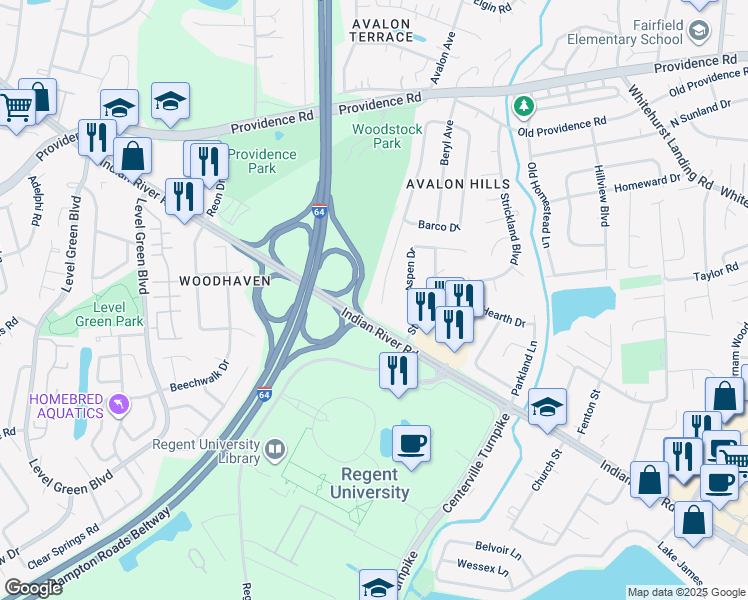 map of restaurants, bars, coffee shops, grocery stores, and more near 1045 Josephine Crescent in Virginia Beach