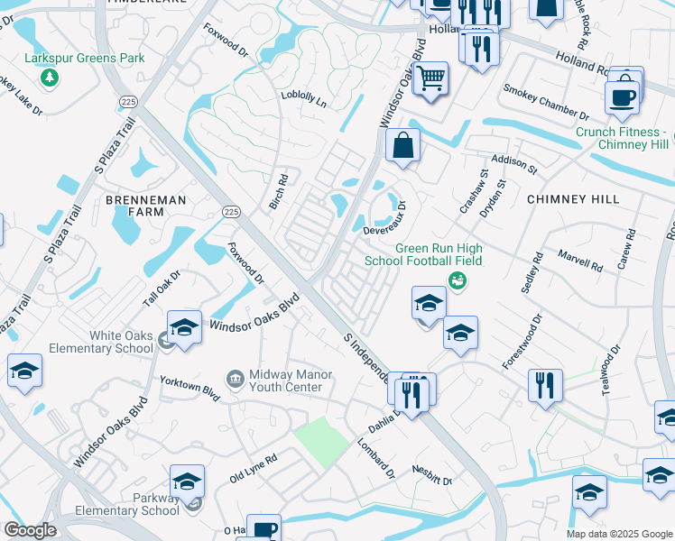map of restaurants, bars, coffee shops, grocery stores, and more near 3628 Cainhoy Lane in Virginia Beach