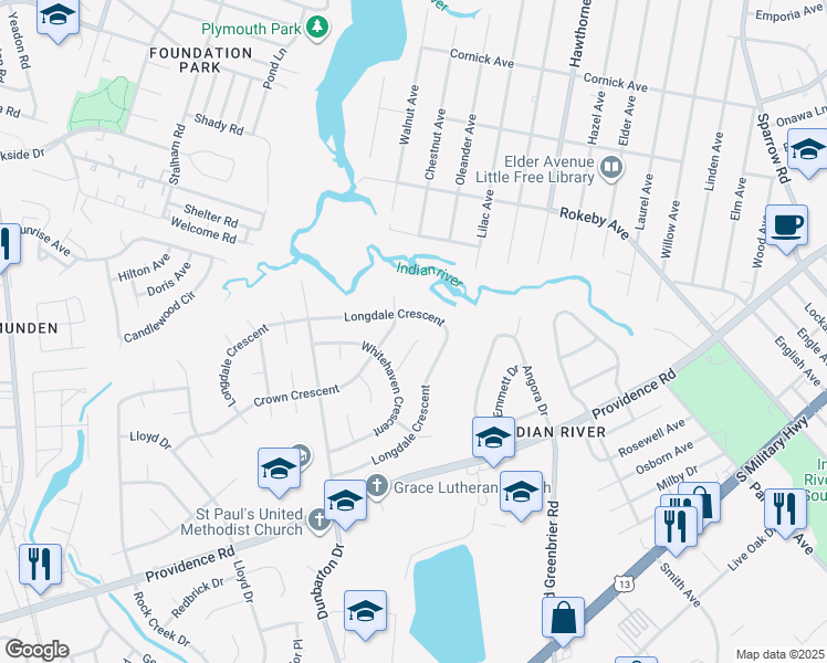 map of restaurants, bars, coffee shops, grocery stores, and more near 516 Whitehaven Court in Chesapeake