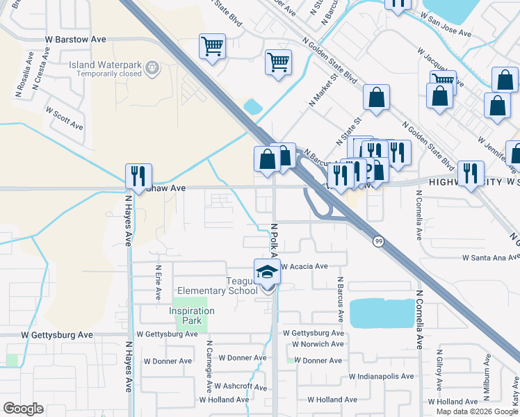 map of restaurants, bars, coffee shops, grocery stores, and more near 5540 West Fairmont Avenue in Fresno