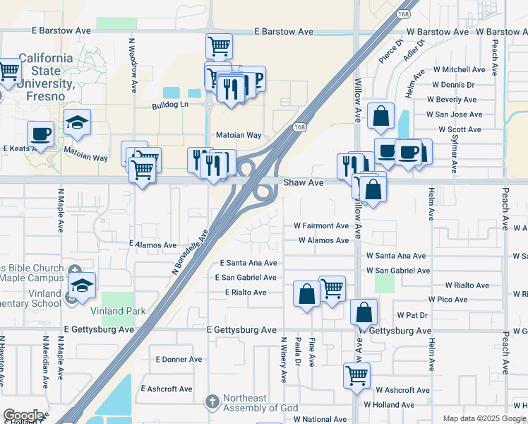 map of restaurants, bars, coffee shops, grocery stores, and more near 4929 North Winery Circle in Fresno